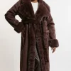 Plus Size Faux Shearling Collar & Cuff Tie Belt Maxi Coat