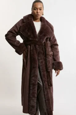 Plus Size Faux Shearling Collar & Cuff Tie Belt Maxi Coat