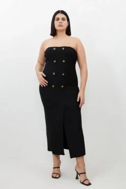 Plus Size Figure Form Bandage Button Bandeau Midi Dress