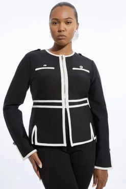 Plus Size Figure Form Bandage Military Contrast Piping Knit Split Hem Jacket