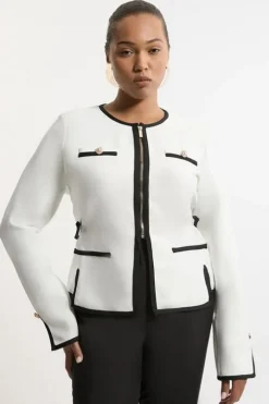 Plus Size Figure Form Bandage Military Contrast Piping Knit Jacket