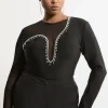 Plus Size Figure Form Bandage Mesh Detail Embellished Knit Top