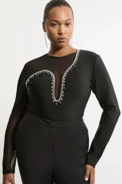 Plus Size Figure Form Bandage Mesh Detail Embellished Knit Top