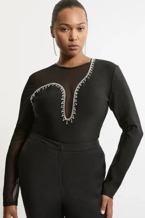 Plus Size Figure Form Bandage Mesh Detail Embellished Knit Top