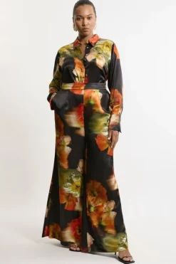 Plus Size Floral Satin Woven Pants