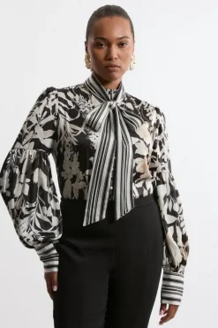 Plus Size Floral Tie Neck Woven Blouse