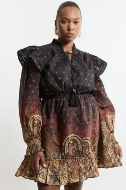 Plus Size Frill Detail Sleeve Paisley Print Cotton Woven Maxi Dress
