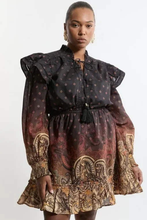 Plus Size Frill Detail Sleeve Paisley Print Cotton Woven Maxi Dress