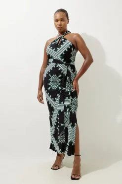 Plus Size Geo Printed Morocain Woven Maxi Dress