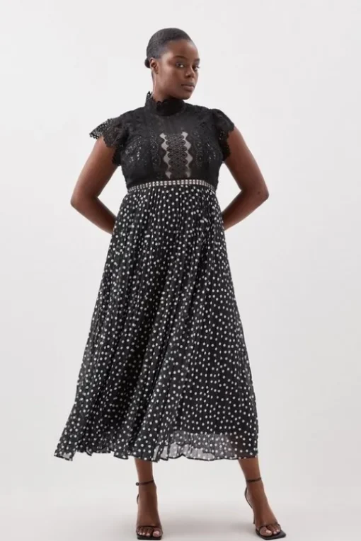 Plus Size Guipure Lace Dot Pleated Skirt Midi Dress