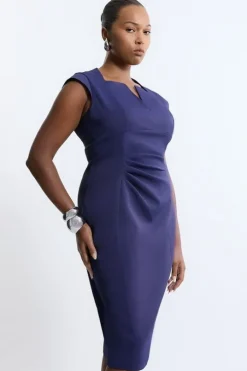 Plus Size Italian Structured Stretch Tailored Envelope Neck Pencil Midi Dress