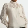 Plus Size Linen Blend Organdie Woven Pussybow Blouse