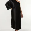 Plus Size One Shoulder Draped Satin Woven Midaxi Dress