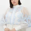Plus Size Organdie Applique Buttoned Woven Blouse