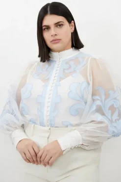 Plus Size Organdie Applique Buttoned Woven Blouse