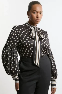 Plus Size Polka Dot Woven Balloon Sleeve Blouse