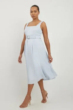 Plus Size Premium Tailored Linen Belted Full Skirt Midi Dress