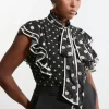 Plus Size Printed Dobby Neck Tie Ruffle Blouse