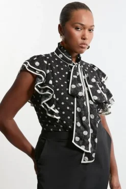 Plus Size Printed Dobby Neck Tie Ruffle Blouse