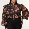 Plus Size Printed Eyelet Woven Blouse With Guipure Trim
