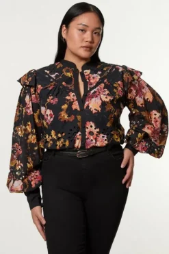 Plus Size Printed Eyelet Woven Blouse With Guipure Trim