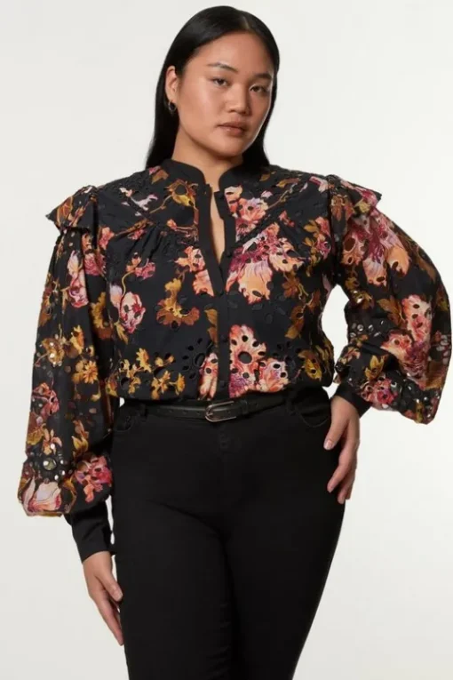 Plus Size Printed Eyelet Woven Blouse With Guipure Trim