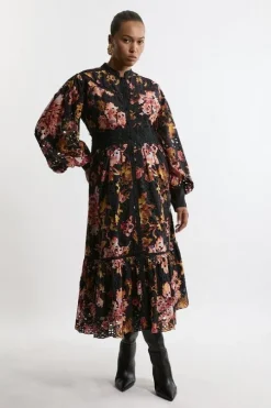 Plus Size Printed Eyelet Woven Midi Dress With Guipure Trim