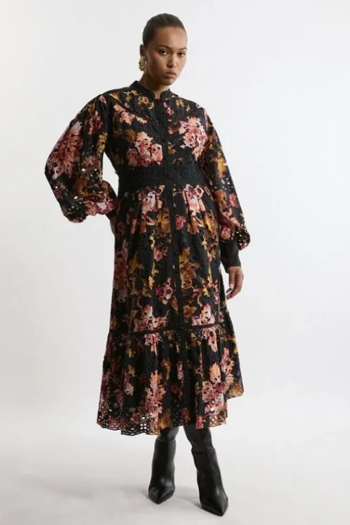 Plus Size Printed Eyelet Woven Midi Dress With Guipure Trim