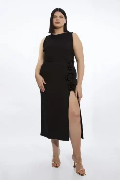 Plus Size Rosette Ponte Jersey Slit Midi Dress