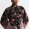 Plus Size Silk Cotton Border Print Floral Woven Blouse
