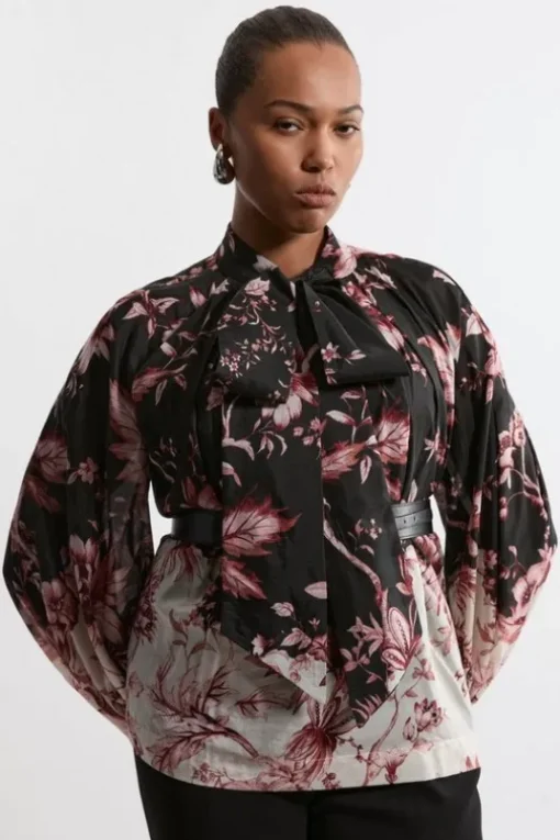 Plus Size Silk Cotton Border Print Floral Woven Blouse