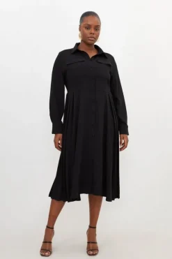 Plus Size Soft Tailored Pleated Pocket Detail Shirt Dress