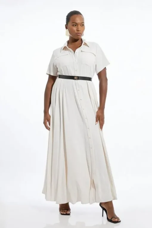 Plus Size Soft Tailored Pleat Panel Midi Shirt Dress