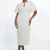 Plus Size Structured Crepe Ruffle Sleeve Tailored Midi Pencil Dress