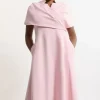 Plus Size Structured Crepe Cape Detail Full Skirted Tailored Midi Dress