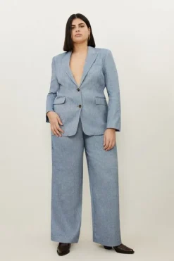 Plus Size Tailored Denim Look Linen Wide Leg Pants