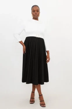 Plus Size Tailored Structured Crepe Turtleneck Pleated Dress