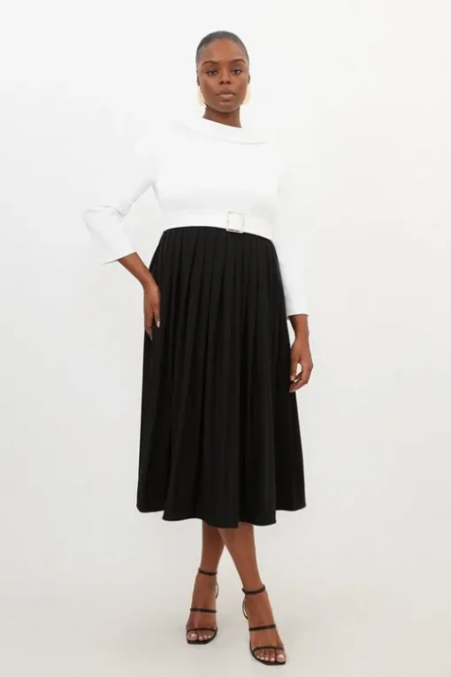 Plus Size Tailored Structured Crepe Turtleneck Pleated Dress