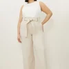 Plus Size Tailored Viscose Linen Eyelet Detail Belted Straight Leg Pants