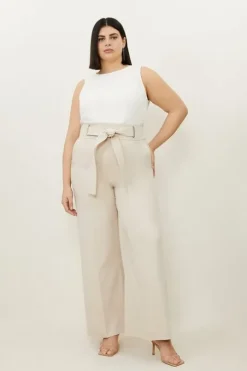 Plus Size Tailored Viscose Linen Eyelet Detail Belted Straight Leg Pants