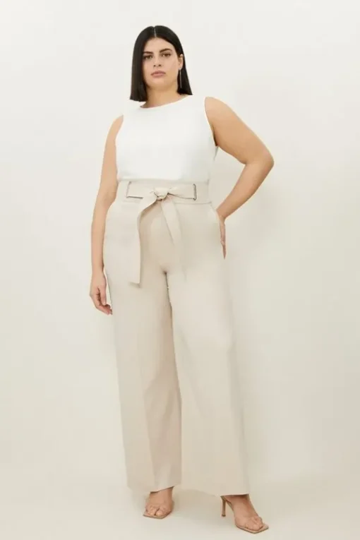 Plus Size Tailored Viscose Linen Eyelet Detail Belted Straight Leg Pants