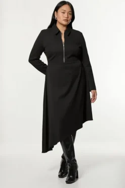 Plus Size Technical Crepe Tailored Metal Zip Detail High Low Midi Dress