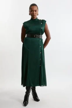 Plus Size Top Stitch Satin Georgette Strong Shoulder Midi Dress