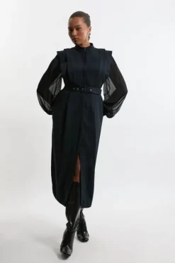 Plus Size Twill Pencil Woven Midi With Crinkle Sleeve