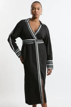 Plus Size Twill Stripe Detail Collared Midaxi Dress