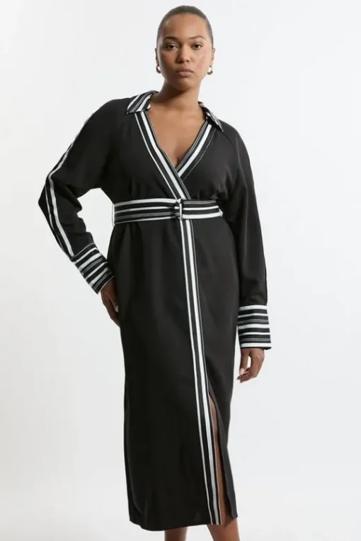 Plus Size Twill Stripe Detail Collared Midaxi Dress