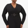 Plus Size V Neck Belted Ponte Jersey Mini Dress