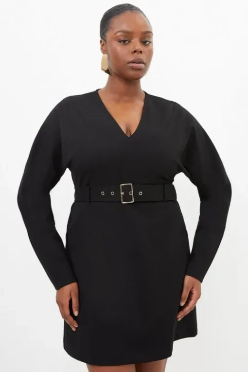 Plus Size V Neck Belted Ponte Jersey Mini Dress