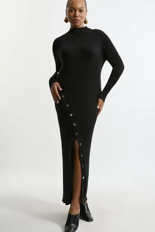 Plus Size Viscose Blend Popper Detail Split Knit Midaxi Dress