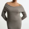 Plus Size Viscose Blend Rib Detail Off The Shoulder Knit Midi Dress